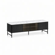 Chestiko White Marble Top TV Unit against a white backdrop, featuring a slim black leg frame and straight cabinet edges.