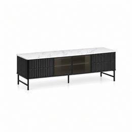 Chestiko White Marble Top TV Unit against a white backdrop, featuring a slim black leg frame and straight cabinet edges.