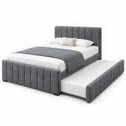 Chikilora Dark Grey Kids Trundle Bed: an extended side trundle, a channelled footboard and vertical padded channels.