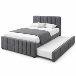 Chikilora Dark Grey Kids Trundle Bed: an extended side trundle, a channelled footboard and vertical padded channels.