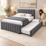Chikilora Dark Grey Kids Trundle Bed, dark grey upholstery and white bedding, with bedding being arranged on the trundle.