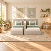 Clarosina Beige Kids Twin Bed with Divider Shelf featuring rounded upholstered headboards in a clear product photograph.