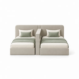 Alternate view of Clarosina Beige Kids Twin Bed with Divider Shelf, showing low bed bases for everyday interior styling.