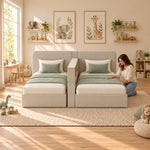 Additional view of Clarosina Beige Kids Twin Bed with Divider Shelf, showing low bed bases in a balanced home interior.