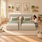 Additional view of Clarosina Beige Kids Twin Bed with Divider Shelf, showing low bed bases in a balanced home interior.