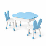 Clourabby Blue Cloud Kids Table with 2 Chairs: two bunny-back chairs, a blue cloud-shaped top and white tapered legs.