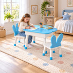 Clourabby Blue Cloud Kids Table with 2 Chairs: white tapered legs beside a child seated at the table on a patterned rug.