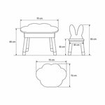 Clourabby Blue Cloud Kids Table with 2 Chairs size sketch showing two bunny-back chairs; 70 cm wide and 65 cm high.