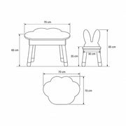 Clourabby Blue Cloud Kids Table with 2 Chairs size sketch showing two bunny-back chairs; 70 cm wide and 65 cm high.