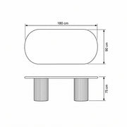Colioaky Wooden Oval 6-Seater Dining Table dimension guide showing 180 L x 90 D x 75 H cm for dining room layout planning.