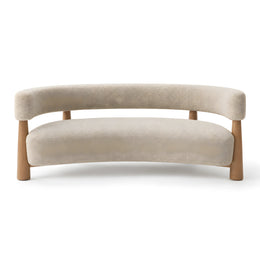 Alternate view of Comolara Beige Bouclé Upholstered Bench, showing curved backrest, cushioned seat, and rounded edges.