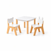 Costzony White Kids Table with 2 Chairs: natural wood legs, white seat and back panels and a white square tabletop.