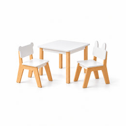 Costzony White Kids Table with 2 Chairs: natural wood legs, white seat and back panels and a white square tabletop.