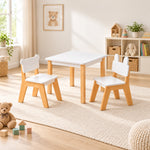 Costzony White Kids Table with 2 Chairs beside a playroom window: a bear-ear chair, a bunny-ear chair and natural wood legs.