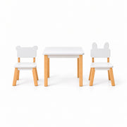 Costzony White Kids Table with 2 Chairs combines a bunny-ear chair with a white square tabletop viewed from the front.