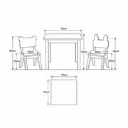 Costzony White Kids Table with 2 Chairs drawing with natural wood legs, labelled 70 cm wide, 70 cm deep and 70 cm high.