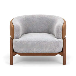 Alternate view of Covondra Grey Accent Chair with Wooden Frame, showing curved wraparound backrest and deep cushioned seat.