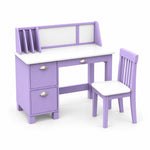 Craftylona Lavender Kids Study Desk with Chair: silver-tone cup handles, a lavender storage hutch and three storage drawers.