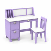Craftylona Lavender Kids Study Desk with Chair: silver-tone cup handles, a lavender storage hutch and three storage drawers.