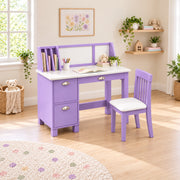 Craftylona Lavender Kids Study Desk with Chair featuring a matching spindle-back chair on a patterned playroom rug.