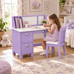 Craftylona Lavender Kids Study Desk with Chair: a lavender storage hutch beside a child drawing on a patterned rug.