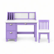 Craftylona Lavender Kids Study Desk with Chair combines a white writing top with three storage drawers viewed from the front.