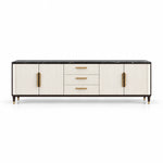 Crimpedy Black Marble Top TV Unit: gold-tone handles, textured cream fronts and a dark marble top on a white background.