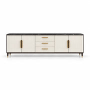 Crimpedy Black Marble Top TV Unit: gold-tone handles, textured cream fronts and a dark marble top on a white background.