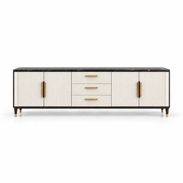 Crimpedy Black Marble Top TV Unit: gold-tone handles, textured cream fronts and a dark marble top on a white background.