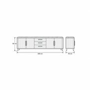 Crimpedy Black Marble Top TV Unit drawing with enclosed side cupboards, labelled 200 cm wide, 40 cm deep and 50 cm high.