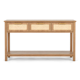 Alternate view of Crosaty Wooden Console Table, showing three drawers, woven cane-front panels, and spacious lower shelf.