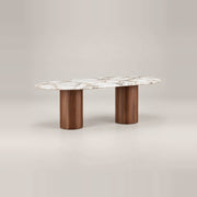 Cusimilo Marble Top 6-Seater Dining Table, showing grey surface veining and an oval marble top against a grey backdrop.