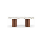 Cusimilo Marble Top 6-Seater Dining Table displays warm wood grain together with grey surface veining on a white background.