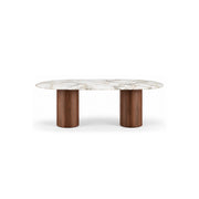 Cusimilo Marble Top 6-Seater Dining Table displays warm wood grain together with grey surface veining on a white background.