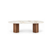 Delosita Marble Top 6-Seater Dining Table brings together an oval marble top and warm wood grain on a white background.