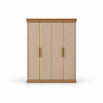 Dolbarino 4 Door Wooden Wardrobe: brass-tone handles, a wood-tone base and four beige door panels on a white background.
