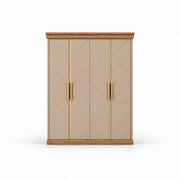Dolbarino 4 Door Wooden Wardrobe: brass-tone handles, a wood-tone base and four beige door panels on a white background.