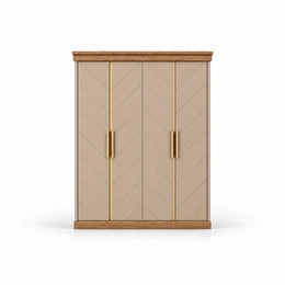 Dolbarino 4 Door Wooden Wardrobe: brass-tone handles, a wood-tone base and four beige door panels on a white background.