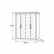 Dolbarino 4 Door Wooden Wardrobe: 180 cm wide and 220 cm high, with chevron-patterned doors outlined in the size diagram.