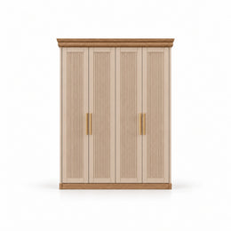 Dolbarino 4 Fluted Door Wooden Wardrobe with cream recessed panels and a straight wood-tone plinth on a white background.