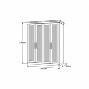 Dolbarino 4 Fluted Door Wooden Wardrobe: 180 × 55 × 220 cm, with a straight wood-tone plinth outlined in the size diagram.