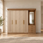 Dolbarino 5 Door Wooden Wardrobe with Vanity, detailed with a wood-look cornice and fluted doors against a bedroom wall.
