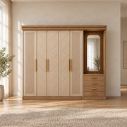 Dolbarino 5 Door Wooden Wardrobe with Vanity, detailed with a wood-look cornice and fluted doors against a bedroom wall.