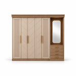 Dolbarino 5 Door Wooden Wardrobe with Vanity featuring fluted doors alongside a wood-look cornice on a white background.