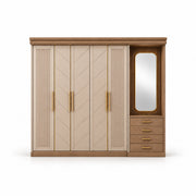 Dolbarino 5 Door Wooden Wardrobe with Vanity featuring fluted doors alongside a wood-look cornice on a white background.