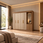 Dolbarino 5 Door Wooden Wardrobe with Vanity in a sunlit bedroom, featuring an adjoining mirror and a wood-look cornice.