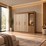 Dolbarino 5 Door Wooden Wardrobe with Vanity in a sunlit bedroom, featuring an adjoining mirror and a wood-look cornice.