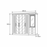 Dolbarino 5 Door Wooden Wardrobe with Vanity dimension guide with an adjoining mirror and labels of 285 × 55 × 220 cm.