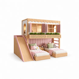 DualToppy Wooden Kids Bunk Bed with Slide shown with a pink slide, a scalloped canopy edge and a wood-tone upper frame.