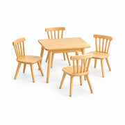 Dukyshola Wooden Kids Table with 4 Chairs shown with circular wooden seats, spindle-back chairs and splayed round legs.
